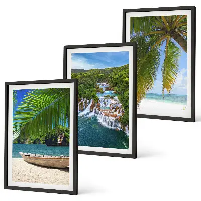 Set de 3 cuadros para salón con paisajes de playa barco cascadas y palmeras