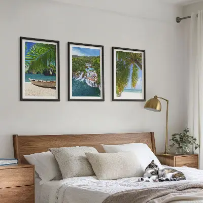 Set de 3 cuadros para salón con paisajes de playa barco cascadas y palmeras