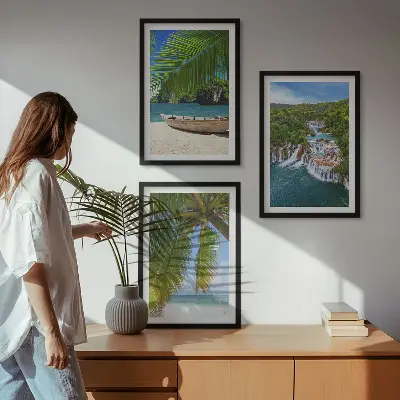 Set de 3 cuadros para salón con paisajes de playa barco cascadas y palmeras