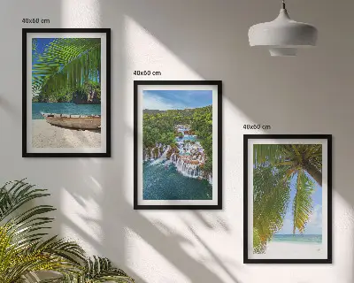 Set de 3 cuadros para salón con paisajes de playa barco cascadas y palmeras