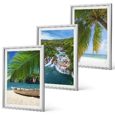 Set de 3 cuadros para salón con paisajes de playa barco cascadas y palmeras