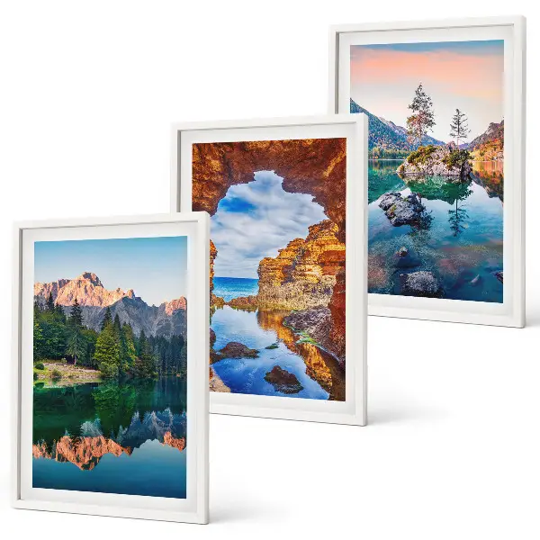 Juego de 3 cuadros con reflejos de rocas en lagos de montaña
