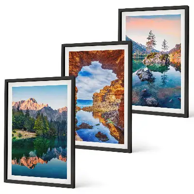 Juego de 3 cuadros con reflejos de rocas en lagos de montaña