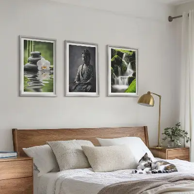 Set de 3 cuadros para salón decorados con pinturas relajantes de estilo zen con agua