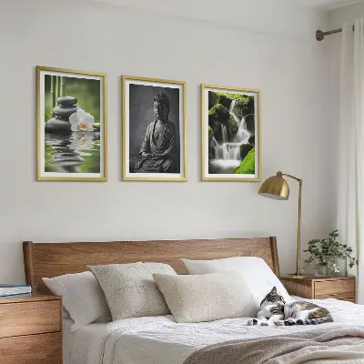 Set de 3 cuadros para salón decorados con pinturas relajantes de estilo zen con agua