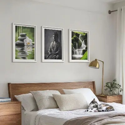 Set de 3 cuadros para salón decorados con pinturas relajantes de estilo zen con agua