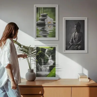 Set de 3 cuadros para salón decorados con pinturas relajantes de estilo zen con agua