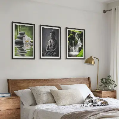 Set de 3 cuadros para salón decorados con pinturas relajantes de estilo zen con agua