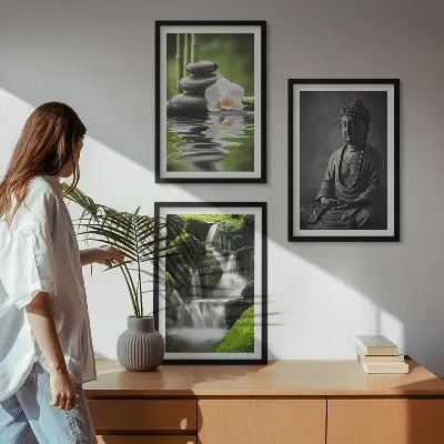 Set de 3 cuadros para salón decorados con pinturas relajantes de estilo zen con agua