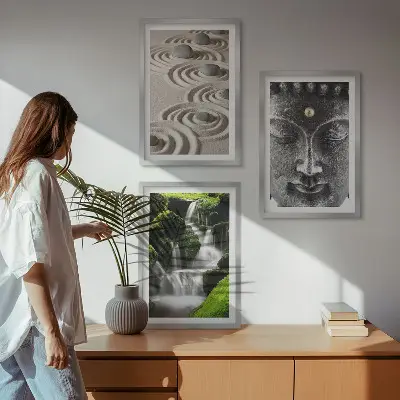 Cuadros decorativos zen de Buda juego de 3 piezas con cascada y piedras