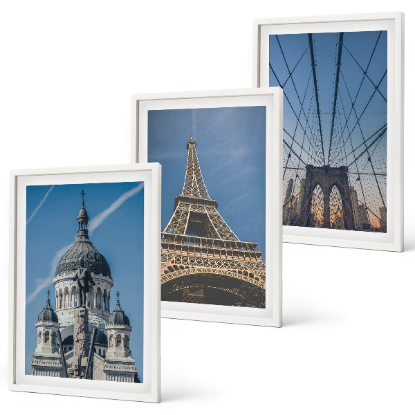 Set de 3 cuadros para salón Vistas de edificios de ciudades de todo el mundo.