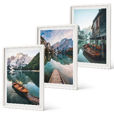 Set de 3 cuadros para salón Lago, montañas, barcos, cabaña