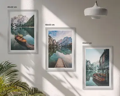 Set de 3 cuadros para salón con paisajes de lago, montañas, barcos y cabaña