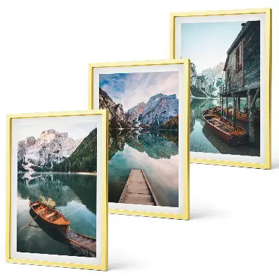 Set de 3 cuadros para salón con paisajes de lago, montañas, barcos y cabaña