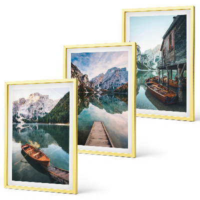 Set de 3 cuadros para salón Lago, montañas, barcos, cabaña