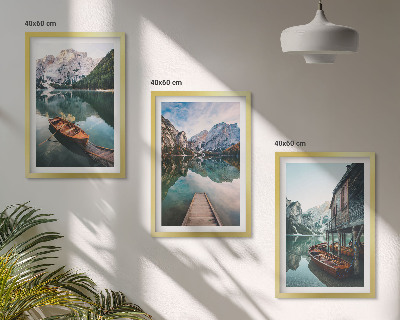 Set de 3 cuadros para salón Lago, montañas, barcos, cabaña