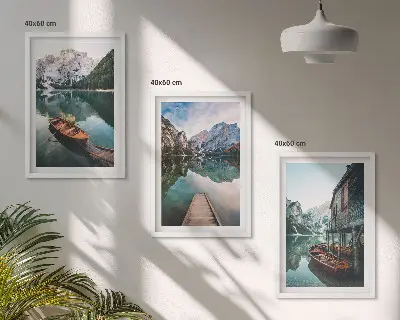 Set de 3 cuadros para salón con paisajes de lago, montañas, barcos y cabaña