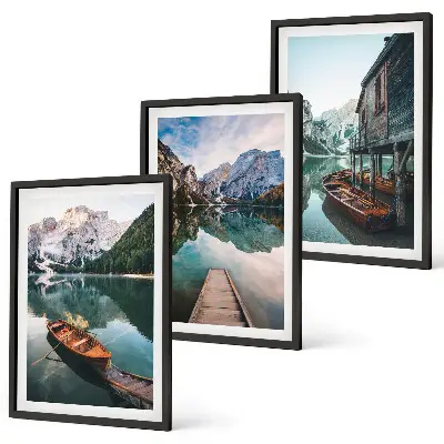 Set de 3 cuadros para salón con paisajes de lago, montañas, barcos y cabaña