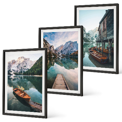 Set de 3 cuadros para salón Lago, montañas, barcos, cabaña