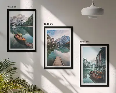 Set de 3 cuadros para salón con paisajes de lago, montañas, barcos y cabaña
