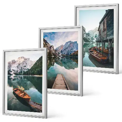 Set de 3 cuadros para salón con paisajes de lago, montañas, barcos y cabaña