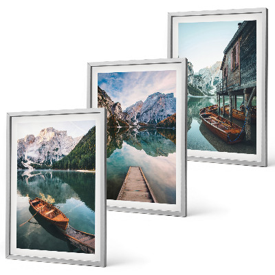 Set de 3 cuadros para salón Lago, montañas, barcos, cabaña