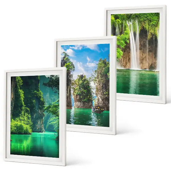 Set de 3 cuadros para salón con diseño de paisajes verdes y cascadas