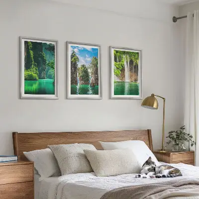 Set de 3 cuadros para salón con diseño de paisajes verdes y cascadas