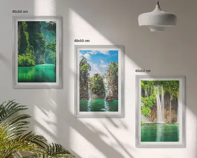 Set de 3 cuadros para salón con diseño de paisajes verdes y cascadas