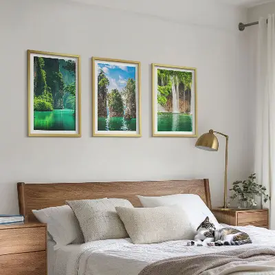 Set de 3 cuadros para salón con diseño de paisajes verdes y cascadas