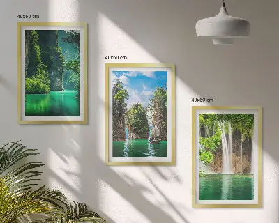 Set de 3 cuadros para salón con diseño de paisajes verdes y cascadas