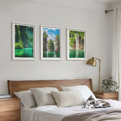 Set de 3 cuadros para salón con diseño de paisajes verdes y cascadas