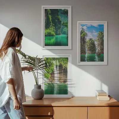 Set de 3 cuadros para salón con diseño de paisajes verdes y cascadas