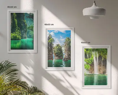 Set de 3 cuadros para salón con diseño de paisajes verdes y cascadas