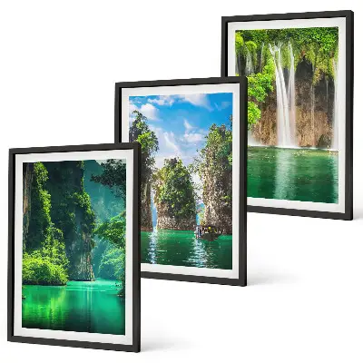 Set de 3 cuadros para salón con diseño de paisajes verdes y cascadas