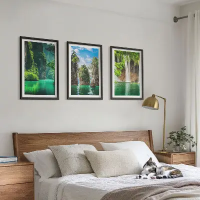 Set de 3 cuadros para salón con diseño de paisajes verdes y cascadas