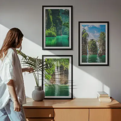 Set de 3 cuadros para salón con diseño de paisajes verdes y cascadas