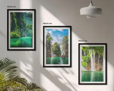Set de 3 cuadros para salón con diseño de paisajes verdes y cascadas