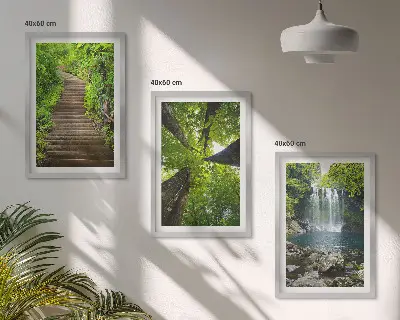 Juego de 3 cuadros con diseño de sendero en un bosque con cascada y vegetación