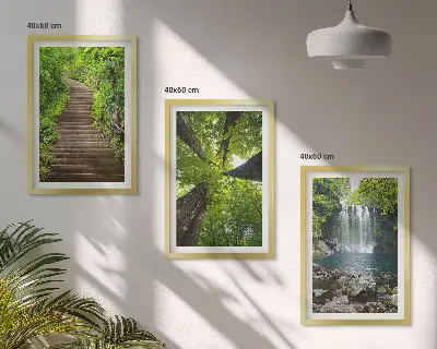 Juego de 3 cuadros con diseño de sendero en un bosque con cascada y vegetación