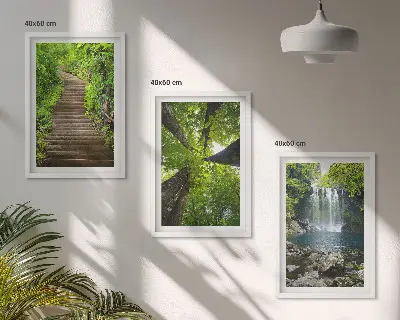 Juego de 3 cuadros con diseño de sendero en un bosque con cascada y vegetación