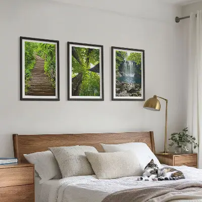 Juego de 3 cuadros con diseño de sendero en un bosque con cascada y vegetación