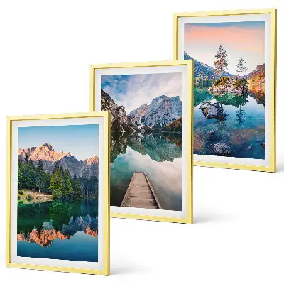 Juego de 3 cuadros con reflejo de lagos de montaña en el bosque
