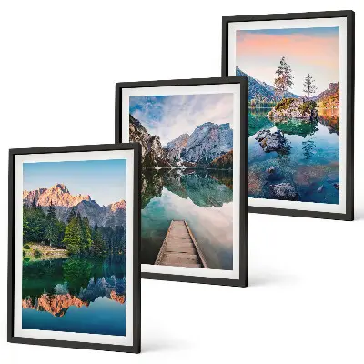 Juego de 3 cuadros con reflejo de lagos de montaña en el bosque