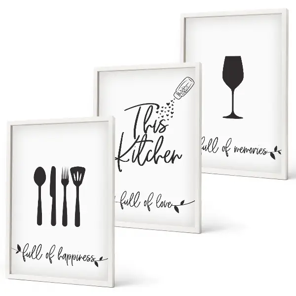 Set de 3 cuadros decorativos con diseños de utensilios de cocina para salón