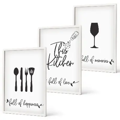 Set de 3 cuadros decorativos con diseños de utensilios de cocina para salón