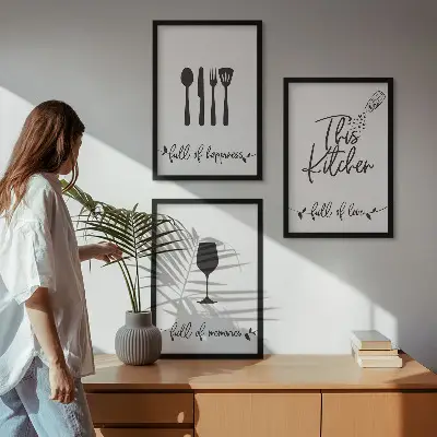 Set de 3 cuadros decorativos con diseños de utensilios de cocina para salón