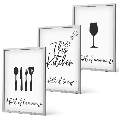 Set de 3 cuadros decorativos con diseños de utensilios de cocina para salón