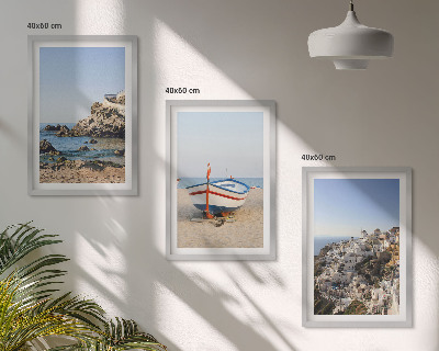 Juego de 3 cuadros Vistas de Grecia con un barco y casas.