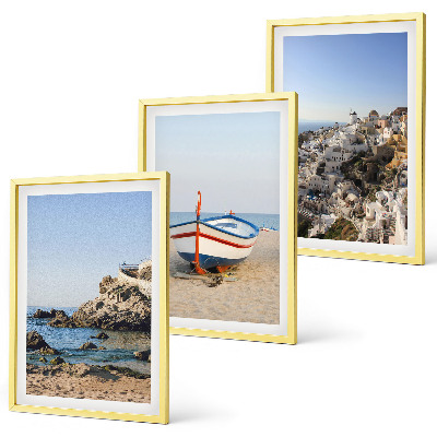 Juego de 3 cuadros Vistas de Grecia con un barco y casas.